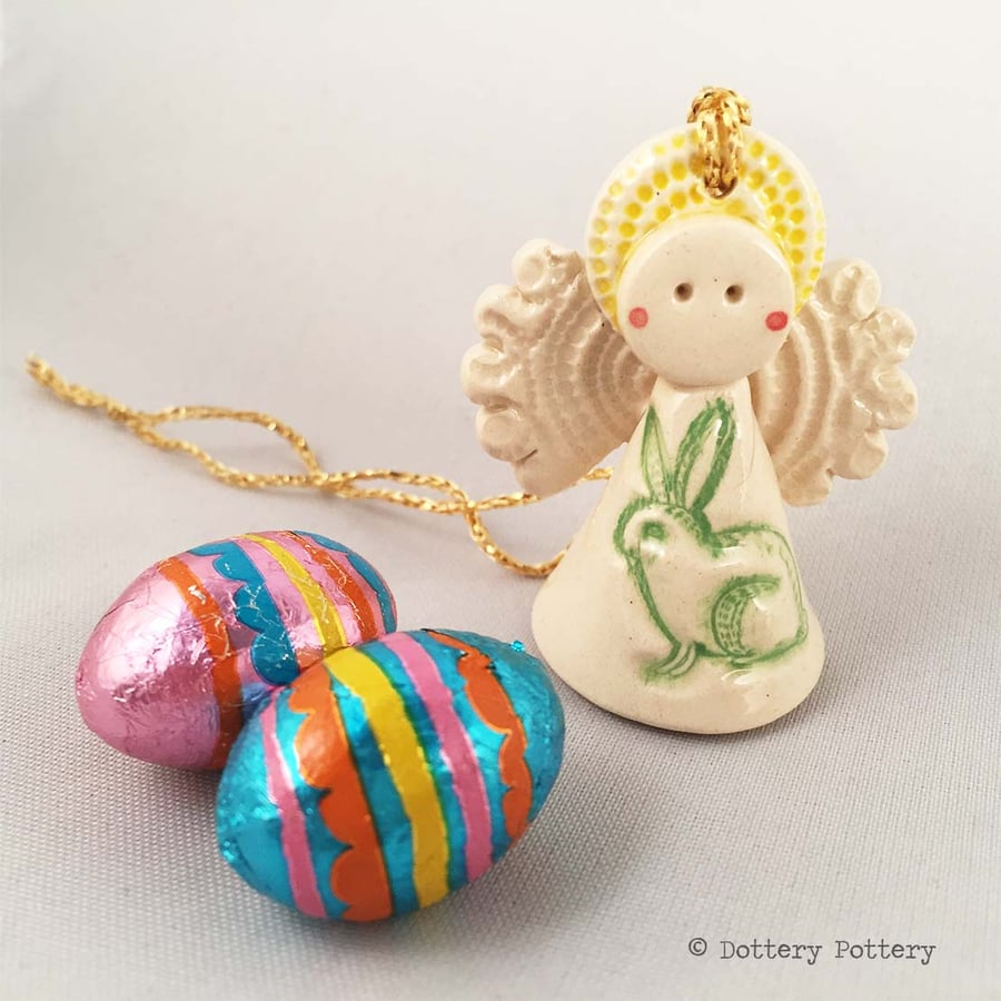 Sale Teeny little ceramic angel decoration with bunny design Easter rabbit