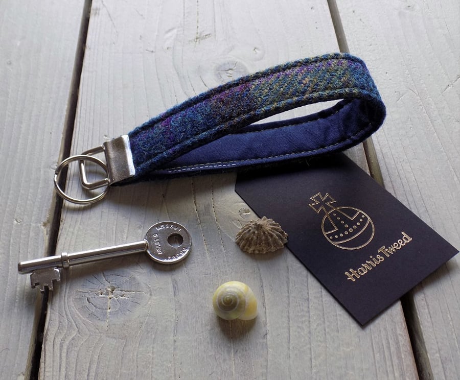 Harris Tweed key fob wrist strap in moss green, blue and dark brown