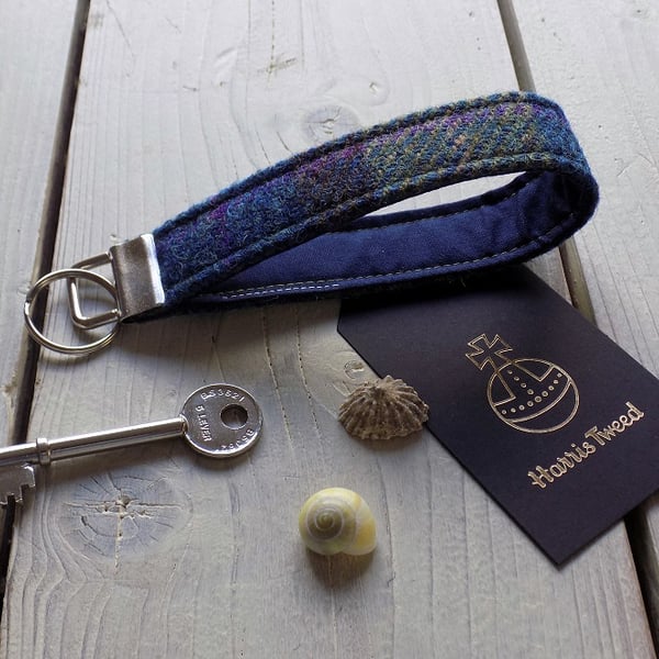 Harris Tweed key fob wrist strap in moss green, blue and dark brown