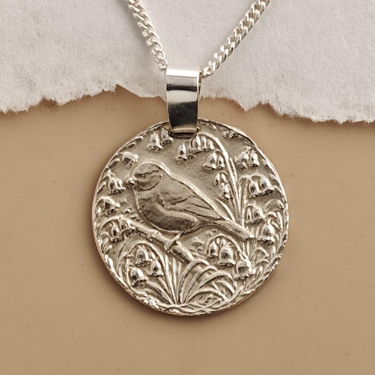 Blue Tit Engraved Sterling Silver Coin Necklace