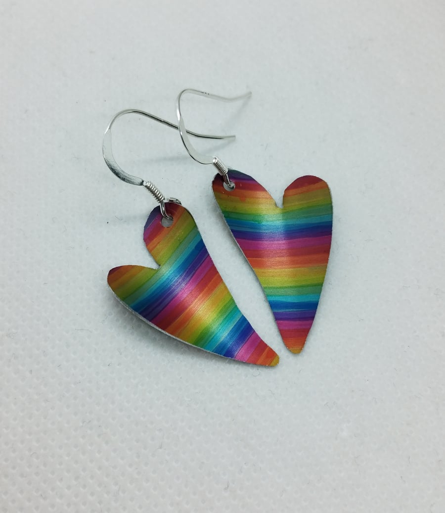 Bright rainbow stripe hand printed heart aluminium earrings