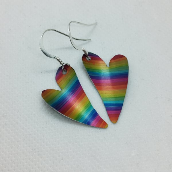 Bright rainbow stripe hand printed heart aluminium earrings