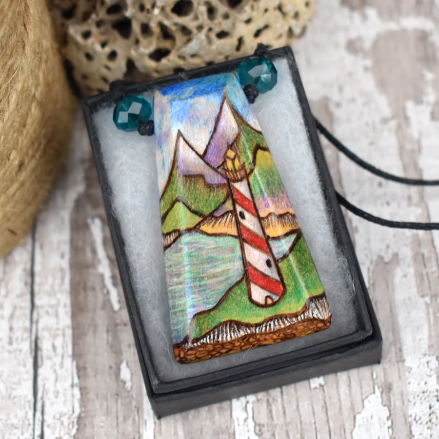 Lighthouse pyrography pendant. Candy stripe wooden necklace, wood anniversary. 