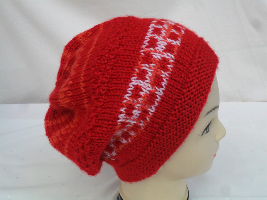 Large Adult Slouch Beanie Hat hand knitted in oranges and white