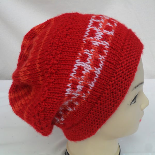 Large Adult Slouch Beanie Hat hand knitted in oranges and white