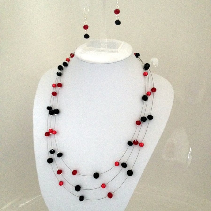 Black and Red Floating Necklace and Earring Set