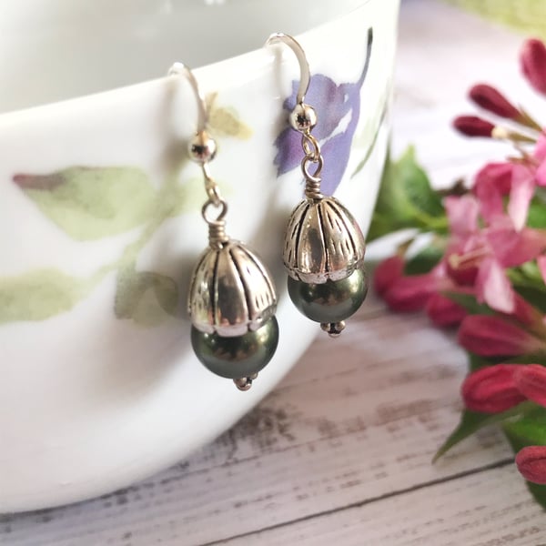 Green coloured Pearl Earrings, Pearl Earrings, Green Earrings