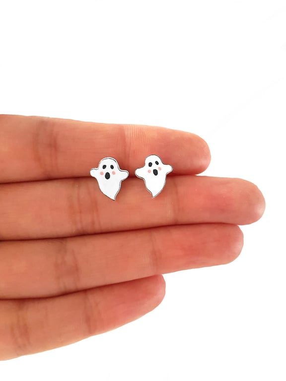 Tiny Ghost Heart Stud Earrings - Handpainted - Halloween Earrings