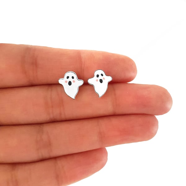 Tiny Ghost Heart Stud Earrings - Handpainted - Halloween Earrings