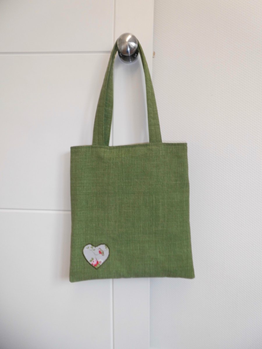 Tote bag long handles green with Cath Kidston  lining and bird appliqué heart