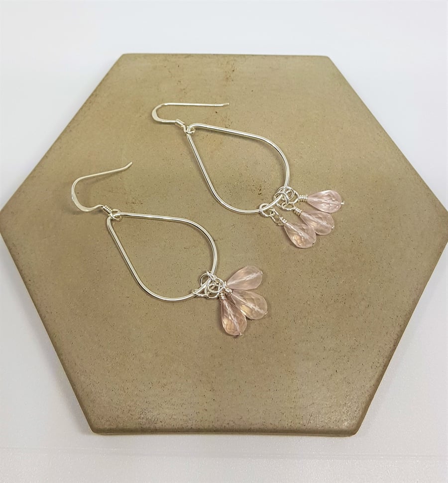 Rose Quartz Earrings, Rose Quartz Teardrops, Silver Teardrop Earrings, Sterling 