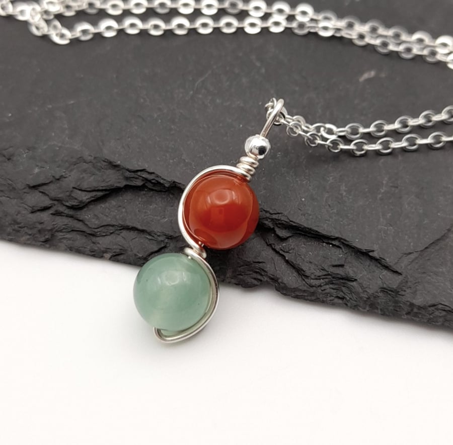 Aries Star Sign Pendant, Carnelian and Green Aventurine Gemstone Necklace