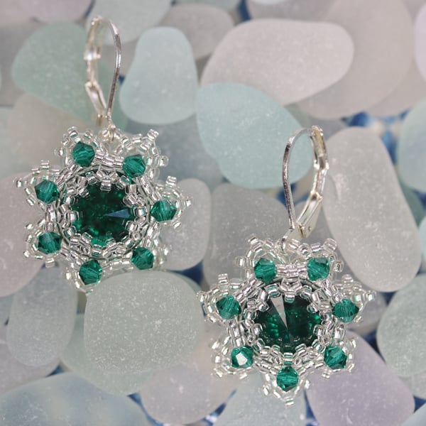 Emerald and Silver Beaded Crystal Earrings