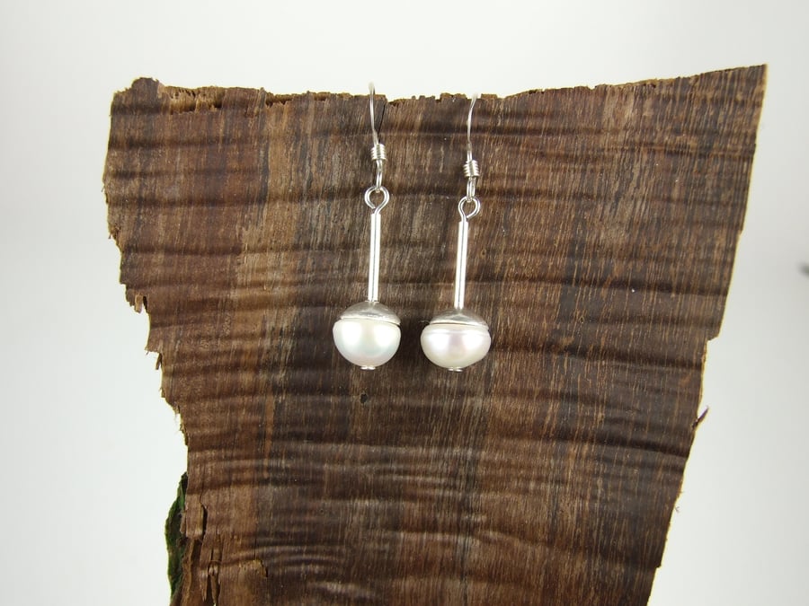 White Button Pearl and Sterling Silver Elegant Dropper Earrings