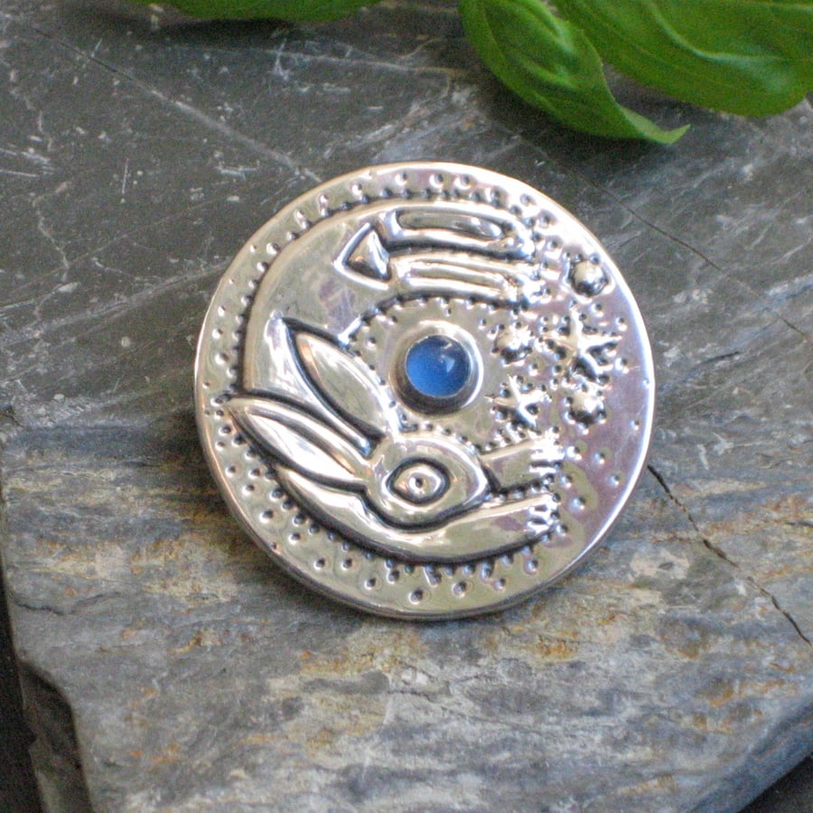 Leaping Hare Silver Pewter Brooch with Blue Agate