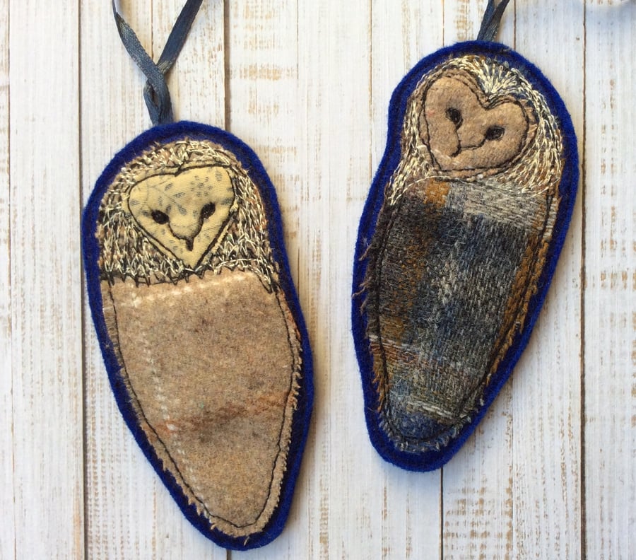 Up-cycled Embroidered Owl decorations. 
