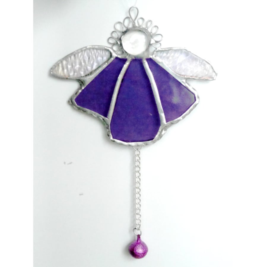 Angel Bell Suncatcher Stained Glass Purple 048