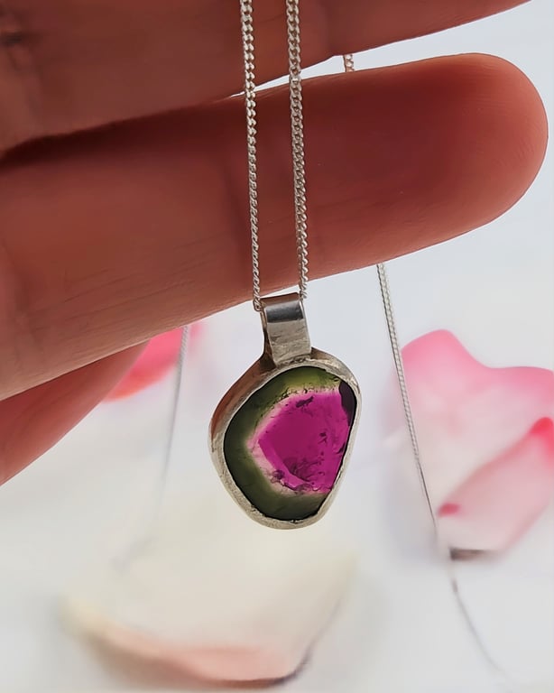 One-of-a-Kind Watermelon Tourmaline Slice Pendant, Sterling Silver Bezel Set