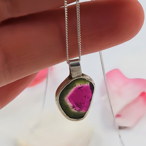 One-of-a-Kind Watermelon Tourmaline Slice Pendant, Sterling Silver Bezel Set