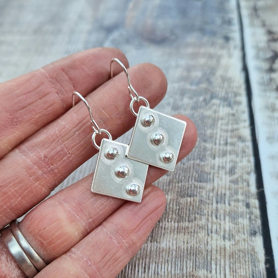Sterling Silver Square Charm Earrings with Small Pebble Detail