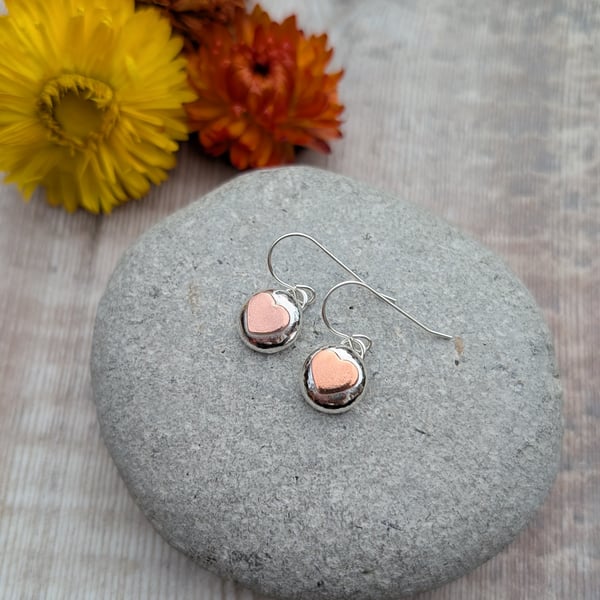 Sterling Silver Pebble Earrings with Copper Hearts - JBJ1086