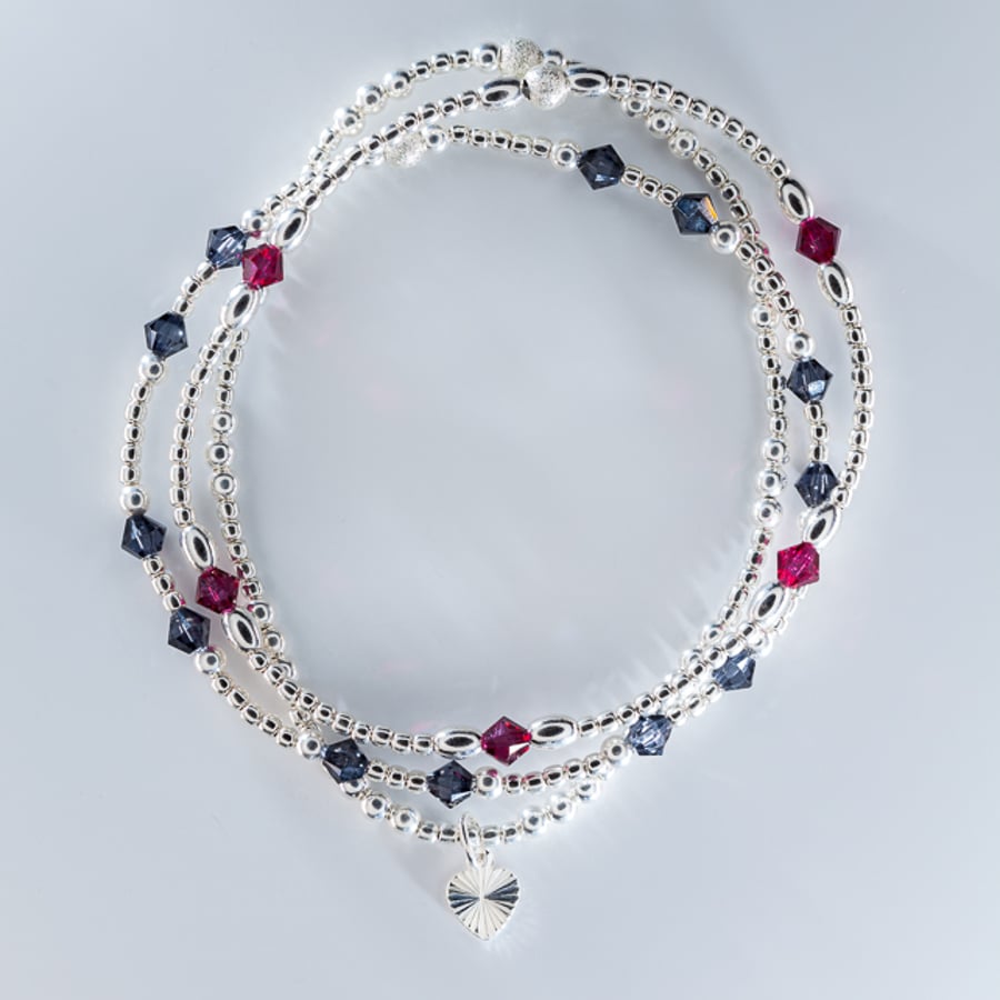 Stacking bracelets sterling silver with red and black swarovski beads