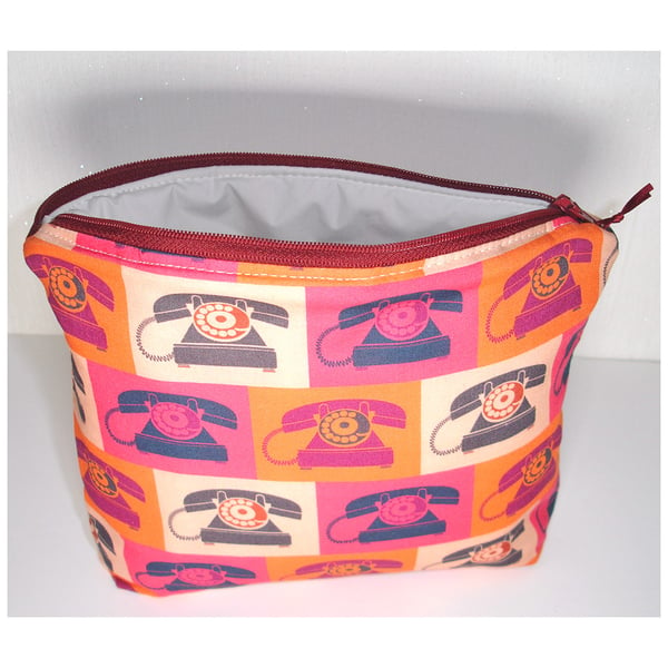 1970s Telephone Cosmetic Make Up Purse 70s Style Retro Orange Pink Phones