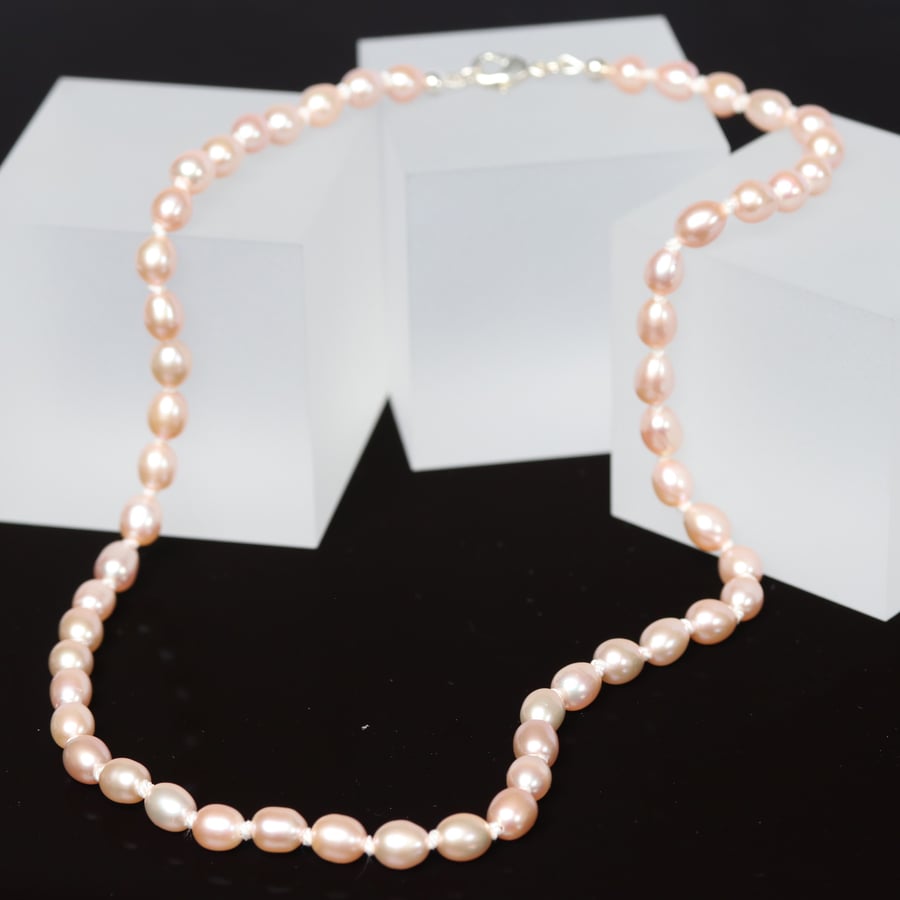 Pale Peach Pink Freshwater Pearl Necklace with Sterling Silver Clasp