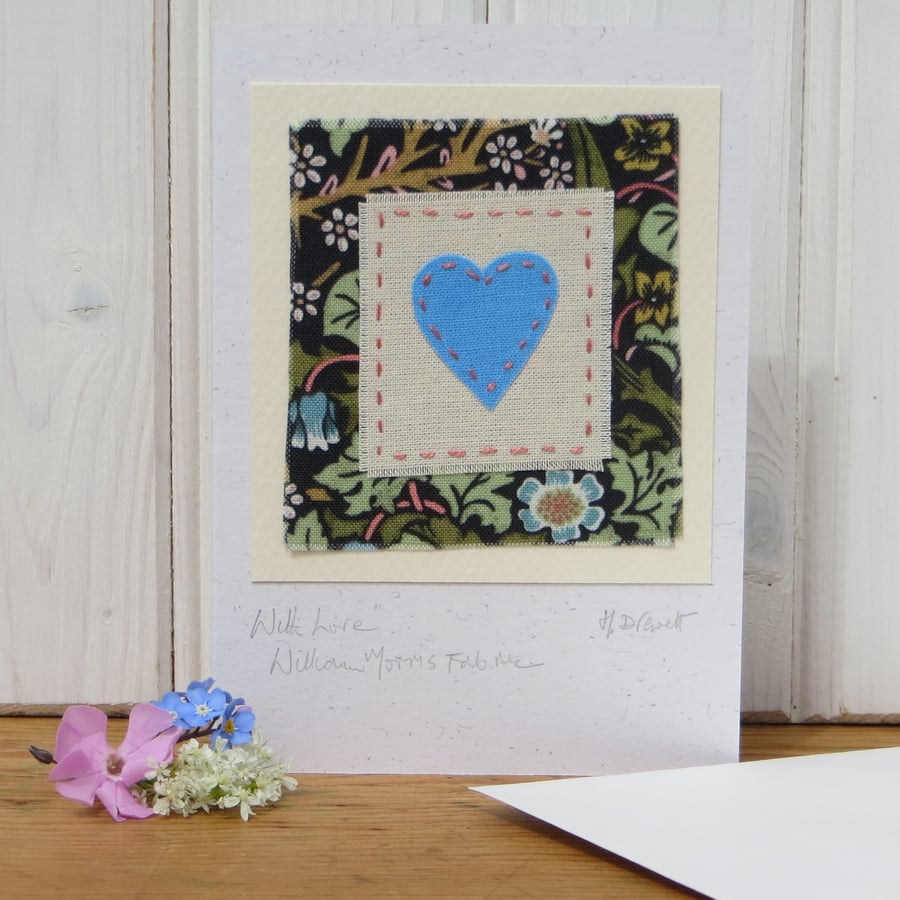 Pretty hand-stitched heart card made with William Morris fabric