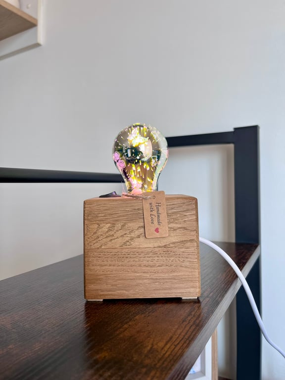 Oak Block Table Lamp with Small Edison Bulb – Handmade Modern Light