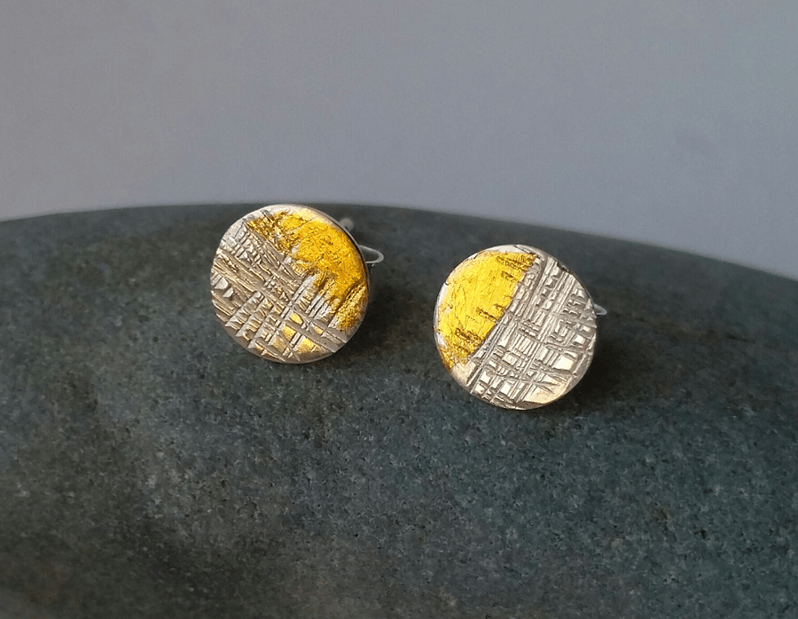 Sterling Silver and gold textured medium size stud earrings, Handmade UK