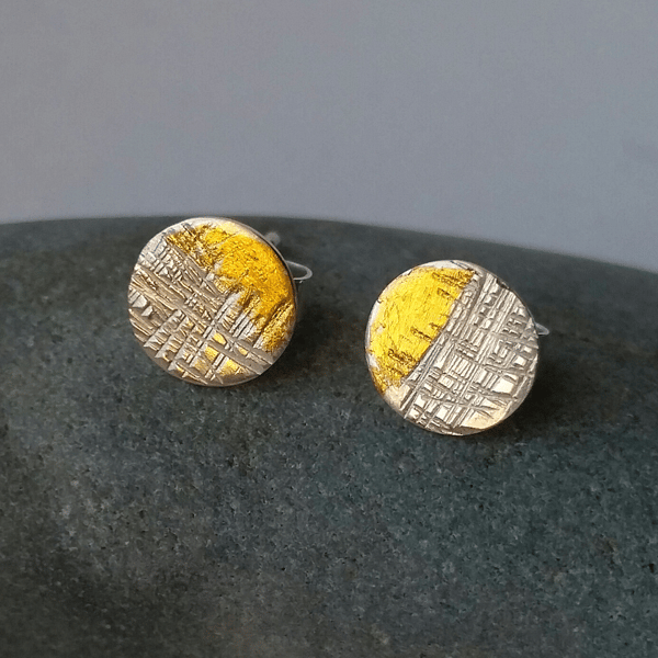 Sterling Silver and gold textured medium size stud earrings, Handmade UK