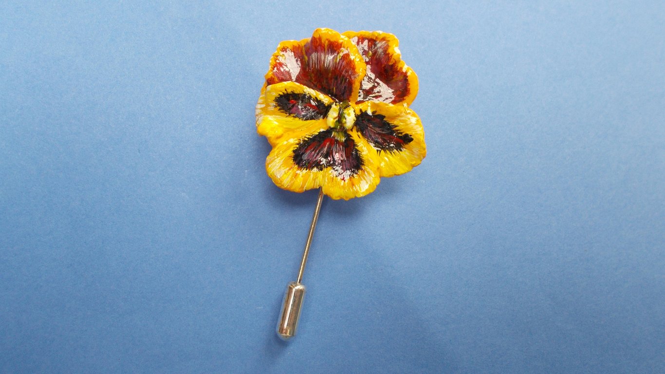 YELLOW PANSY PIN Viola 3D Clay Remembrance Lapel Flower Pin HANDMADE HANDPAINTED