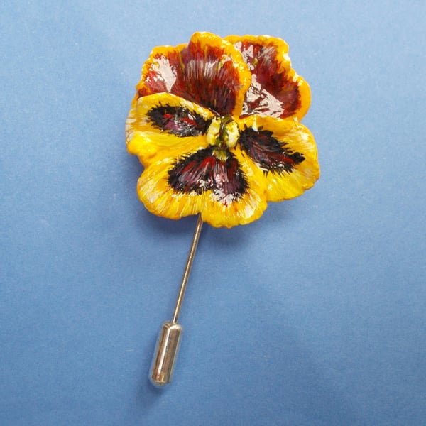 YELLOW PANSY PIN Viola 3D Clay Remembrance Lapel Flower Pin HANDMADE HANDPAINTED