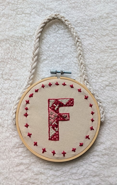 Hand-Stitched Monogram Embroidery Hoop, Nursery Wall Art, Lucet Macrame Cord