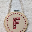 Hand-Stitched Monogram Embroidery Hoop, Nursery Wall Art, Lucet Macrame Cord