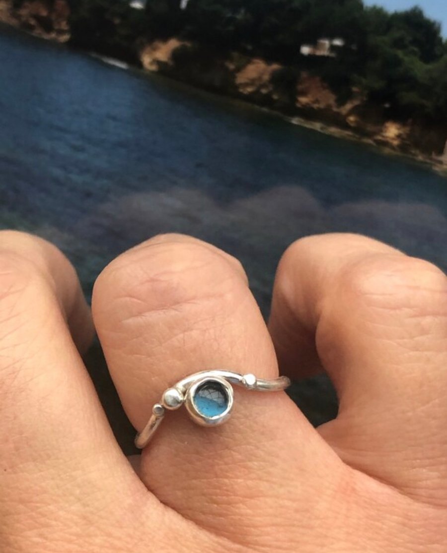 Ocean Drop Ring, blue topaz ring, wavy silver ring, silver sea ring, wave ring,