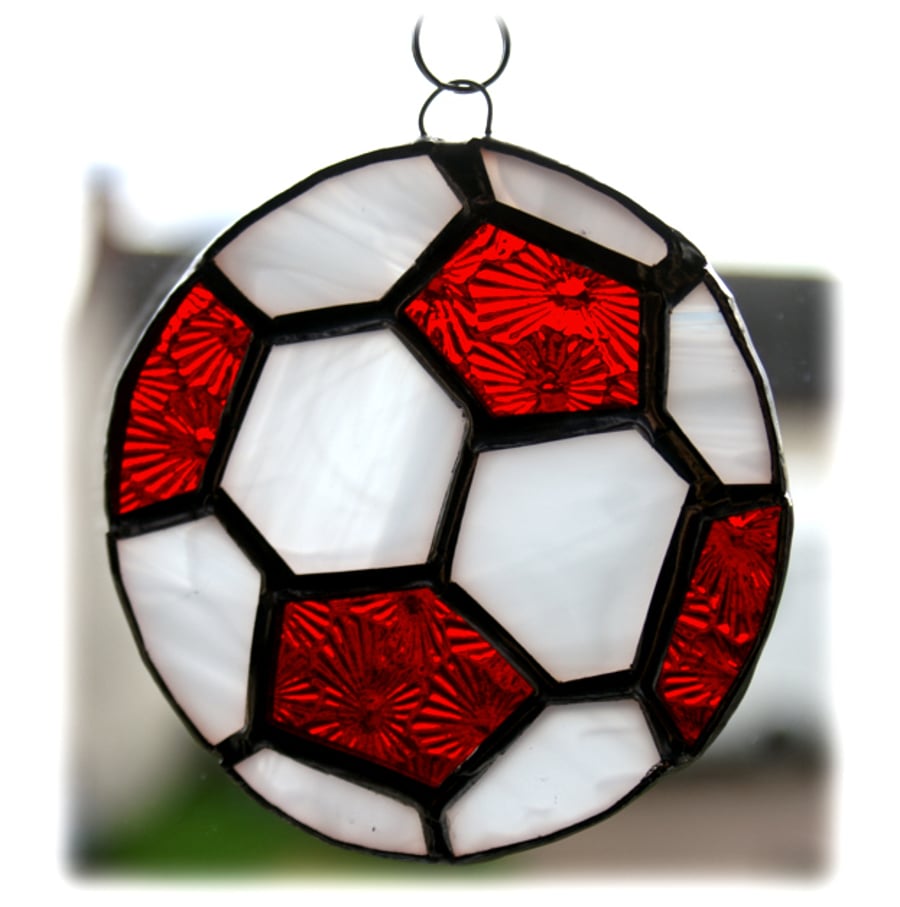 SOLD  Football Suncatcher Stained Glass Red White Soccer Ball