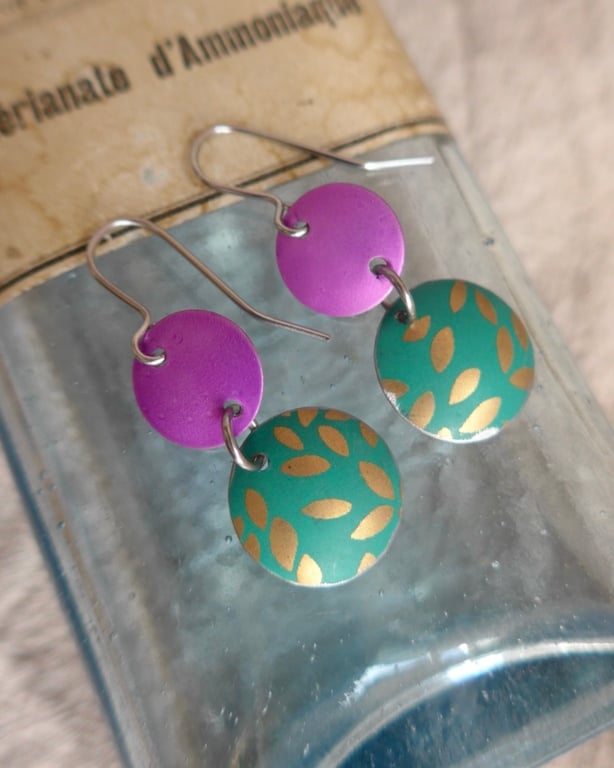 Cerise Pink And Green Recycled Tin Earrings 