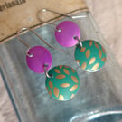 Cerise Pink And Green Recycled Tin Earrings 