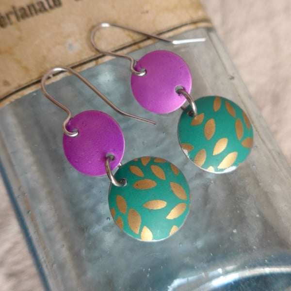 Cerise Pink And Green Recycled Tin Earrings 