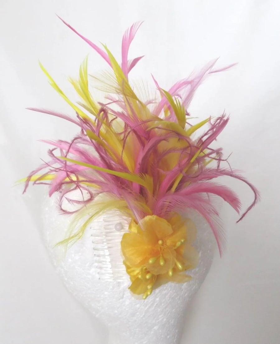 Yellow & Lavender Regency Feather Fascinator Comb Floral Headpiece