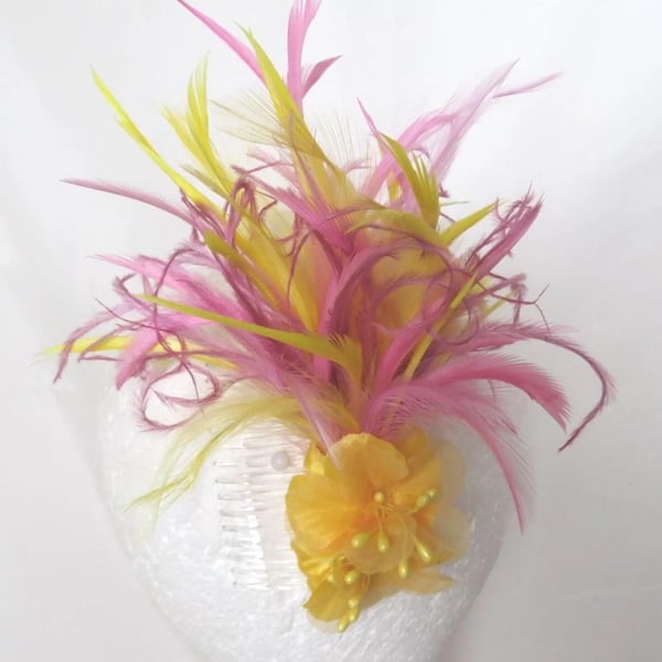 Yellow & Lavender Regency Feather Fascinator Comb Floral Headpiece