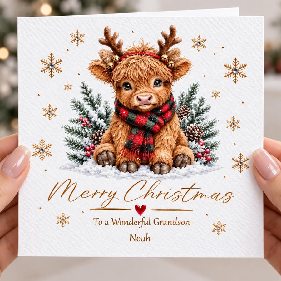 Personalised  Highland Cow Christmas Card – Custom Name & Relation