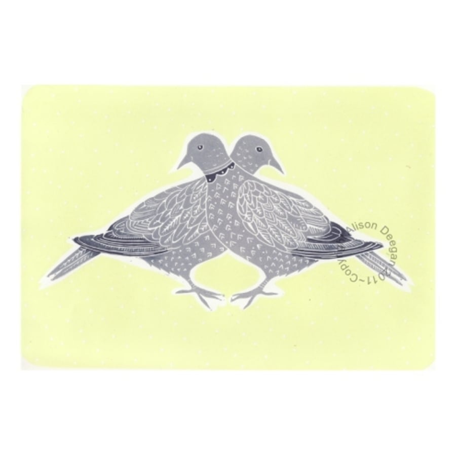 Original lino print "Collared Doves in Summer Rain"