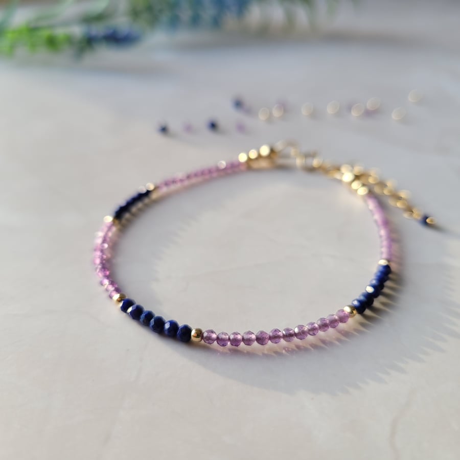 Bracelet with Lapis Lazuli and Amethyst 14kt Gold Filled December Birthstone