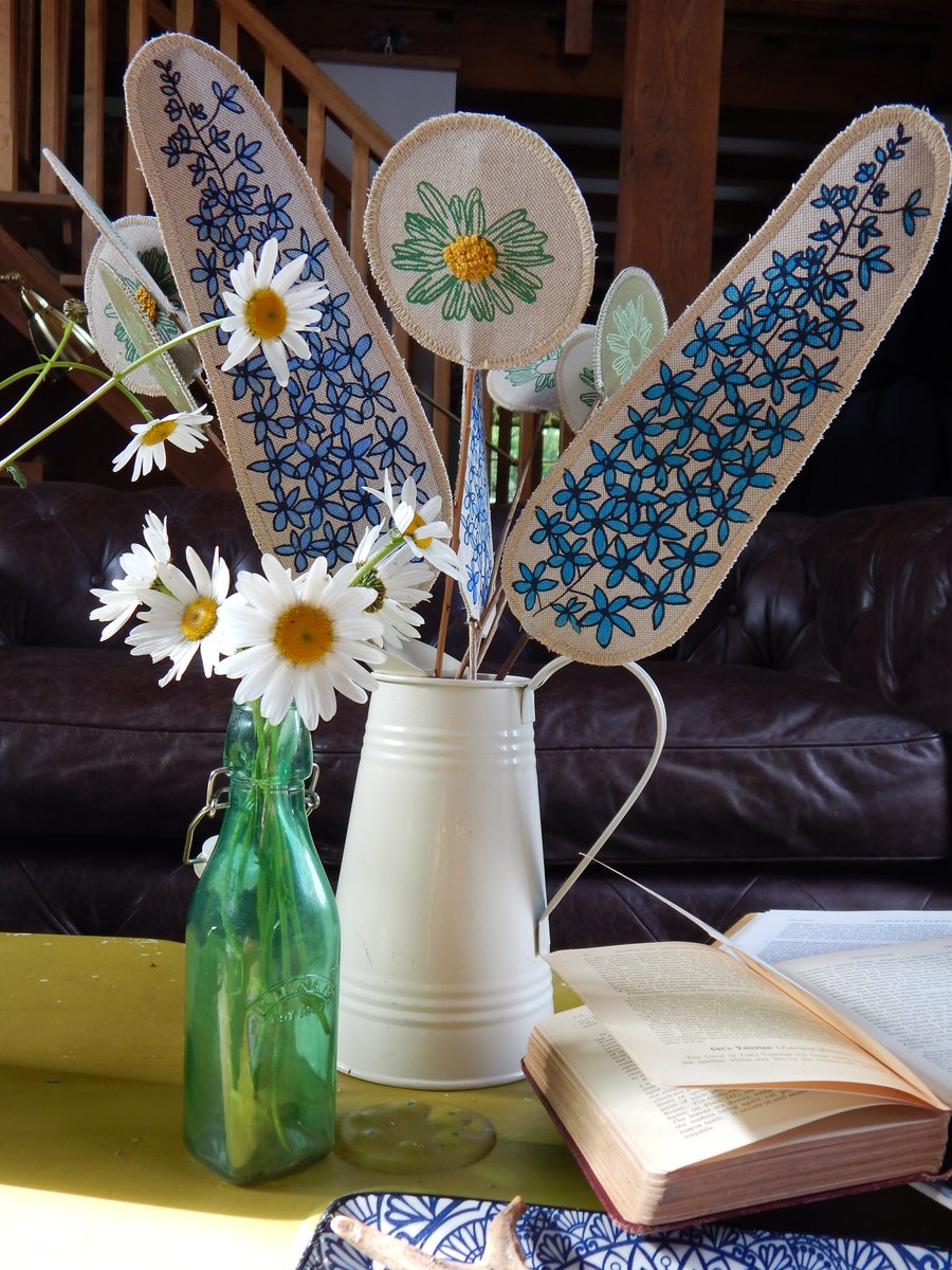 Delphinium and Daisy -Screen printed Fabric Bouquet