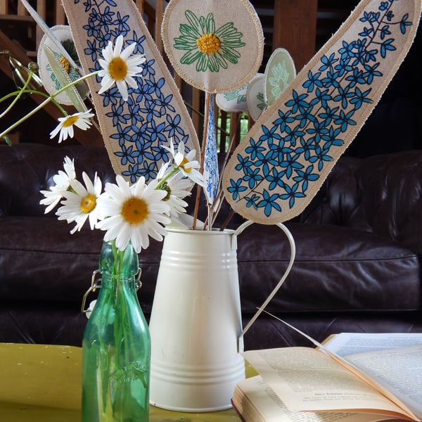 Delphinium and Daisy -Screen printed Fabric Bouquet