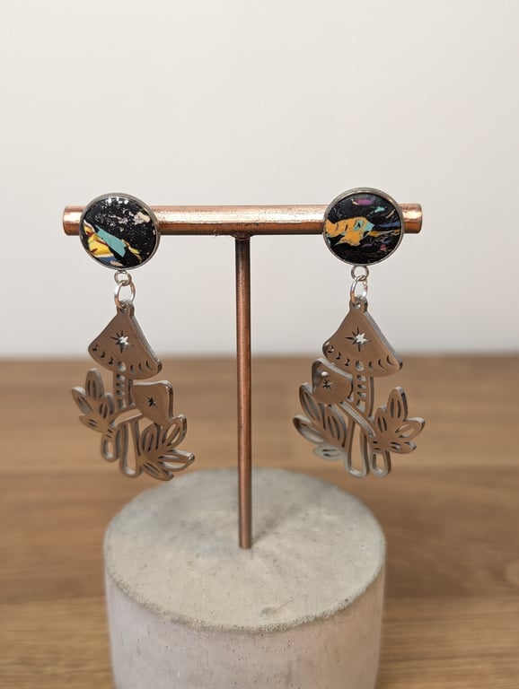 Summer bloom scrap silver mushroom dangles