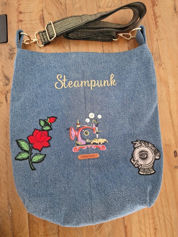 Handmade Steampunk Upcycled Denim Tote Bag